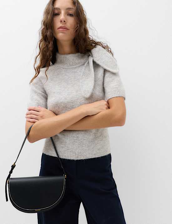 Wool Blend Scarf Neck Tie Knitted Short Sleeve Top