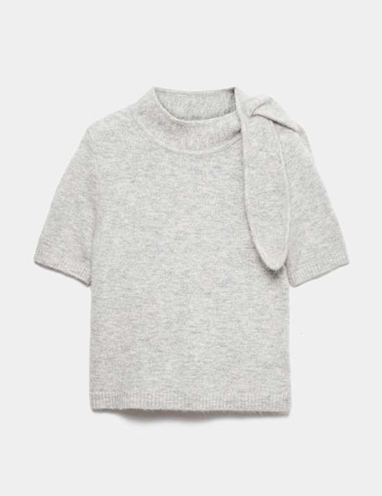 Wool Blend Scarf Neck Tie Knitted Short Sleeve Top