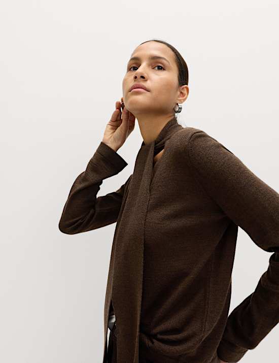 Textured Scarf Neck Button Through Cardigan with Wool