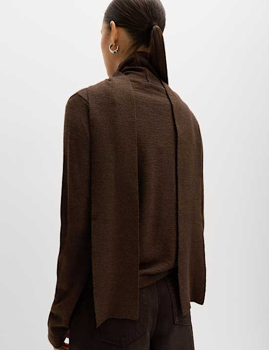 Textured Scarf Neck Button Through Cardigan with Wool