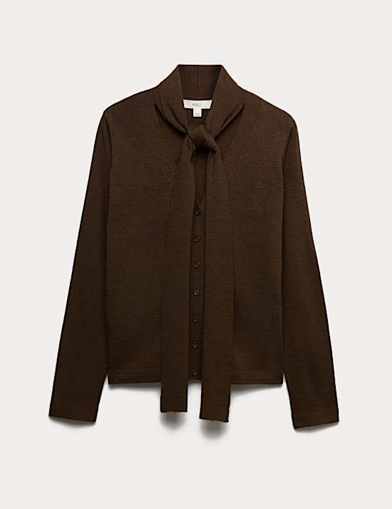 Textured Scarf Neck Button Through Cardigan with Wool