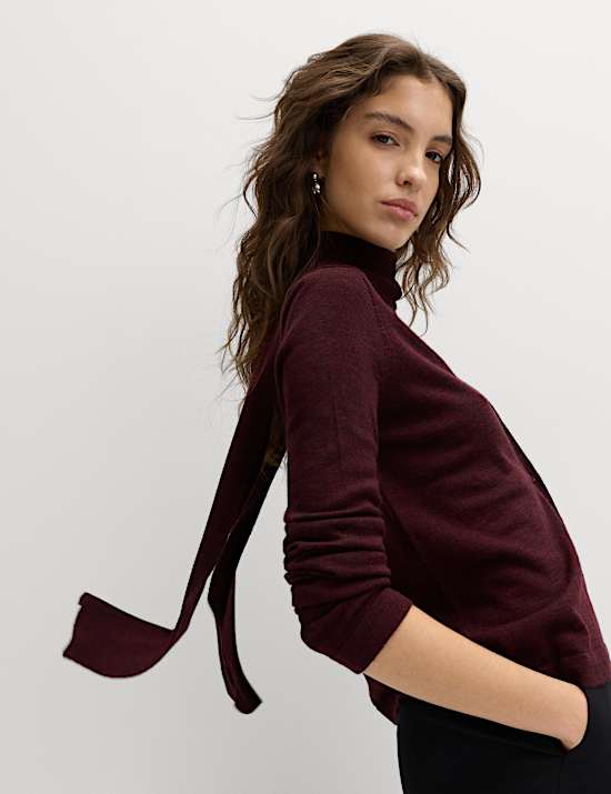Textured Scarf Neck Button Through Cardigan with Wool