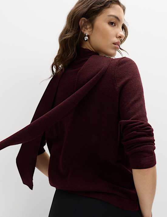 Textured Scarf Neck Button Through Cardigan with Wool