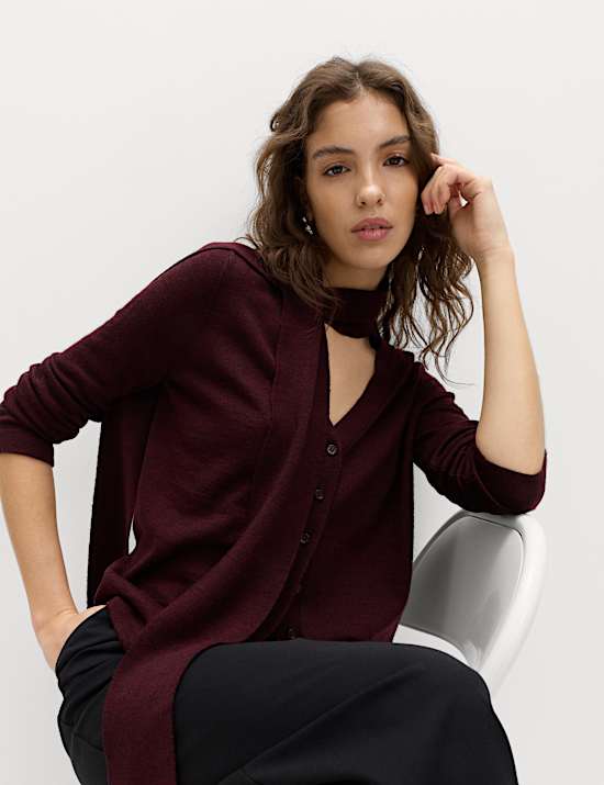 Textured Scarf Neck Button Through Cardigan with Wool
