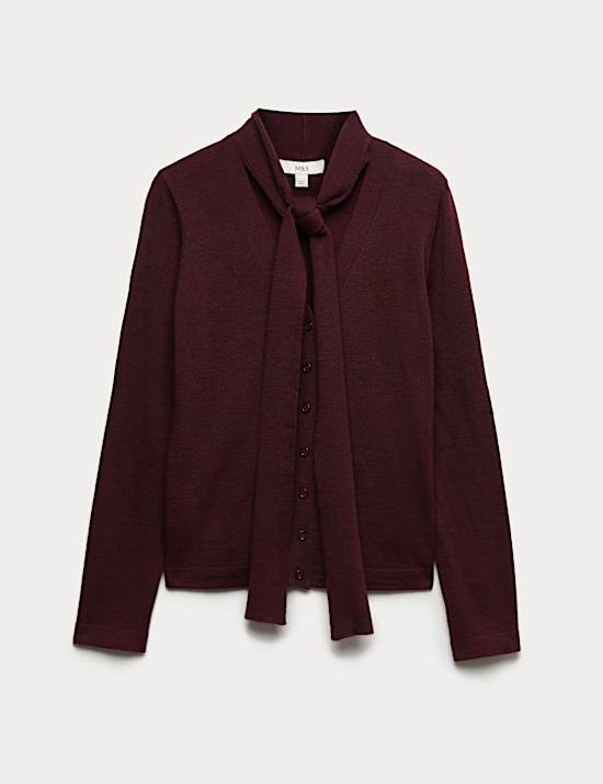 Textured Scarf Neck Button Through Cardigan with Wool