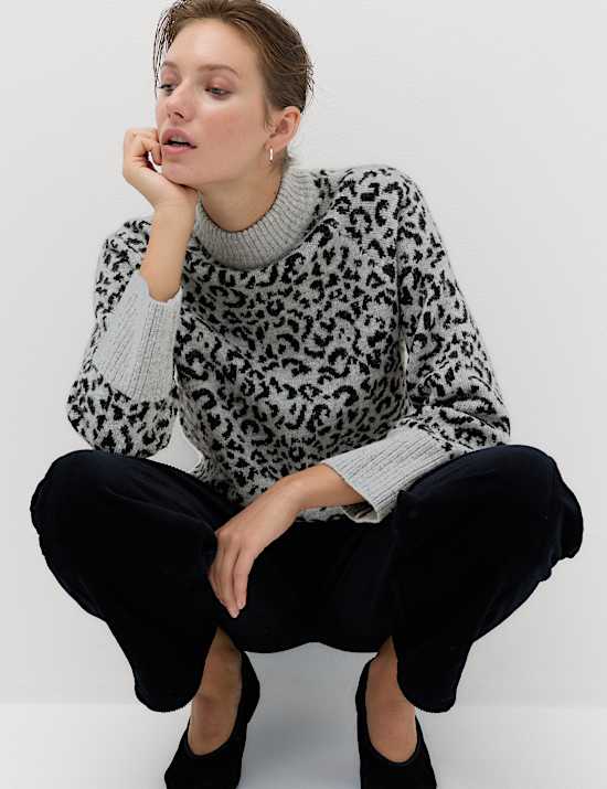 Animal Print Funnel Neck Relaxed Fit Jumper with Wool