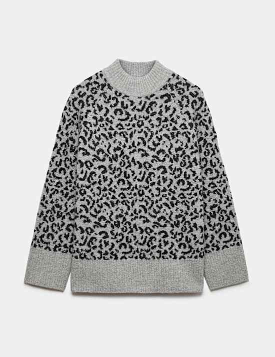 Animal Print Funnel Neck Relaxed Fit Jumper with Wool