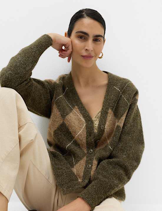 Argyle V-Neck Button Front Relaxed Fit Cardigan