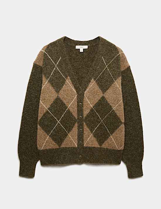 Argyle V-Neck Button Front Relaxed Fit Cardigan