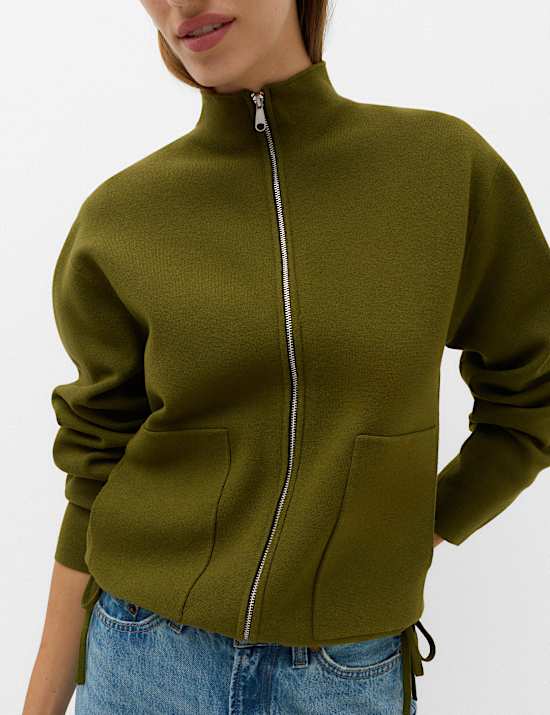 Funnel Neck Zip Up Pocket Detail Knitted Jacket