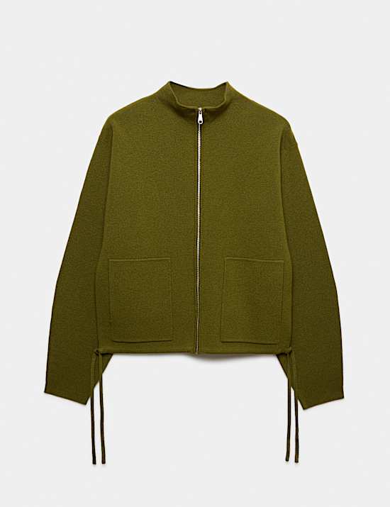 Funnel Neck Zip Up Pocket Detail Knitted Jacket