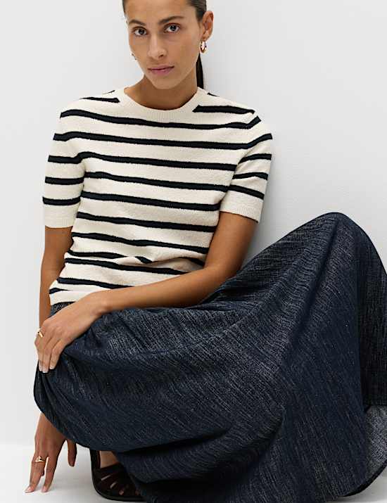 Cotton Rich Striped Boucl&eacute; Knitted Top