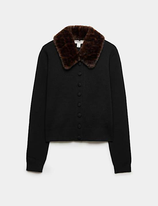 Faux Fur Animal Print Collared Button Front Cardigan