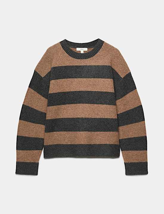 Gestreifter Relaxed Fit Pullover mit Rundhalsausschnitt und Wollanteil