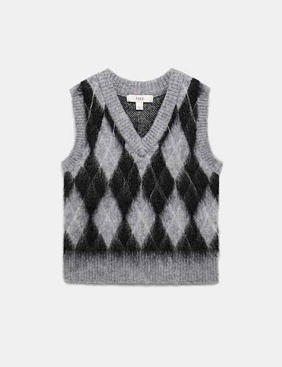 Brushed Argyle Knitted Vest with Mohair