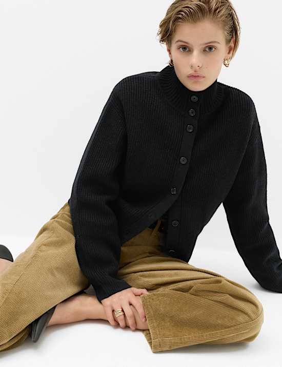 Lambswool Blend Funnel Neck Relaxed Knitted Jacket