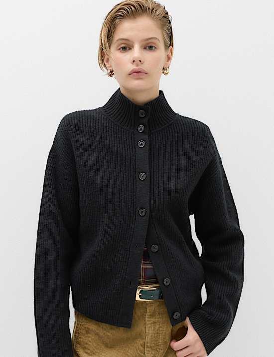 Lambswool Blend Funnel Neck Relaxed Knitted Jacket