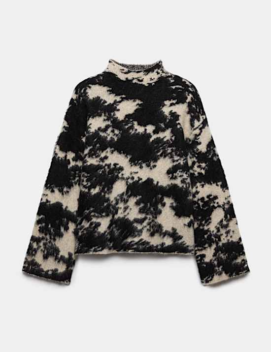 Wool Blend Animal Print Funnel Neck Jumper