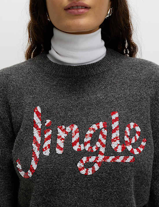 Embellished Slogan Crew Neck Jumper with Wool