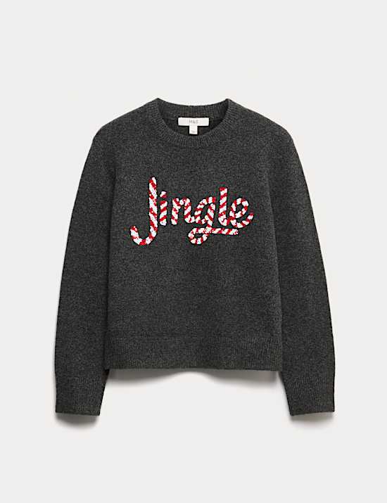 Embellished Slogan Crew Neck Jumper with Wool