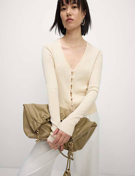 Ribbed V-Neck Button Front Cardigan