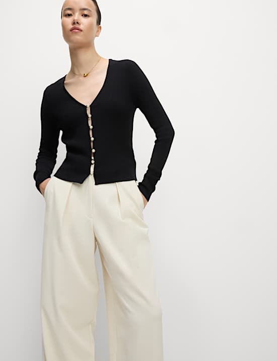 Ribbed V-Neck Button Front Cardigan