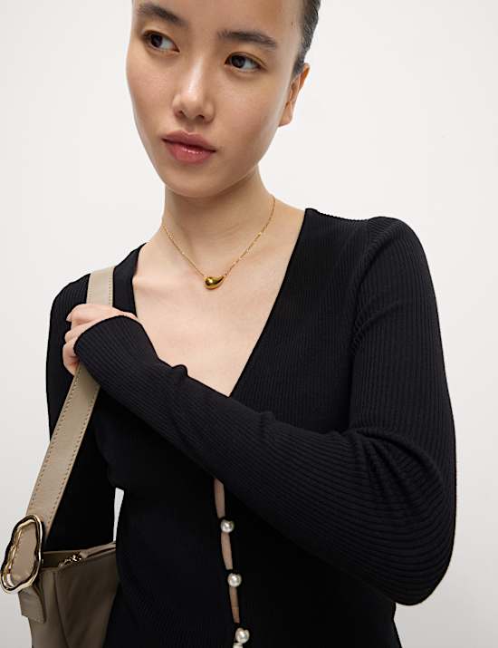 Ribbed V-Neck Button Front Cardigan