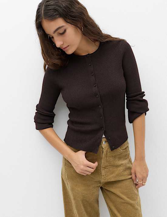 Ribbed Slim Fit Cropped Cardigan with Wool