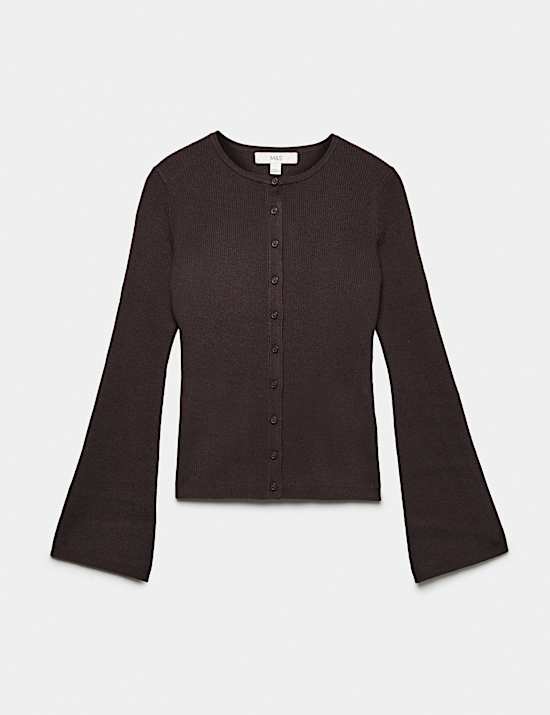 Ribbed Slim Fit Cropped Cardigan with Wool