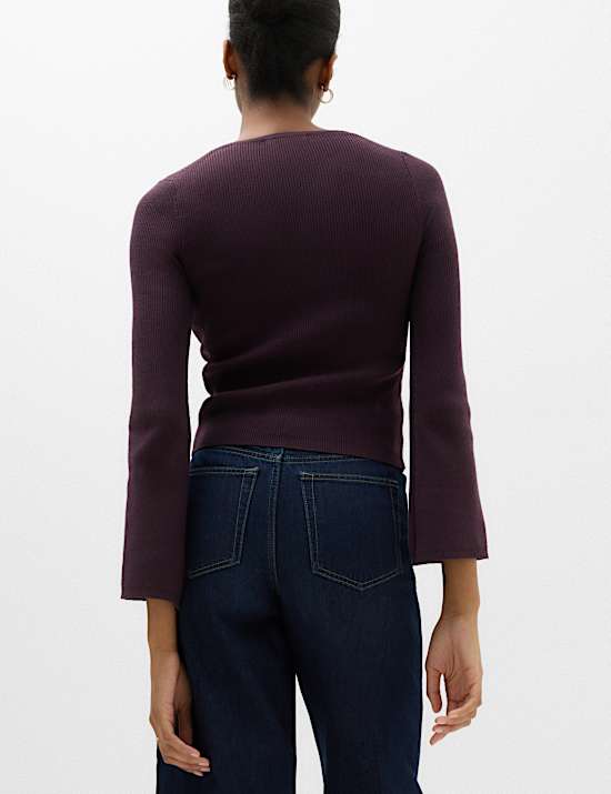 Ribbed Slim Fit Cropped Cardigan with Wool
