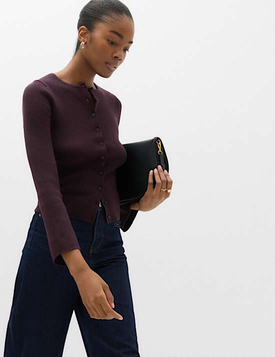 Ribbed Slim Fit Cropped Cardigan with Wool
