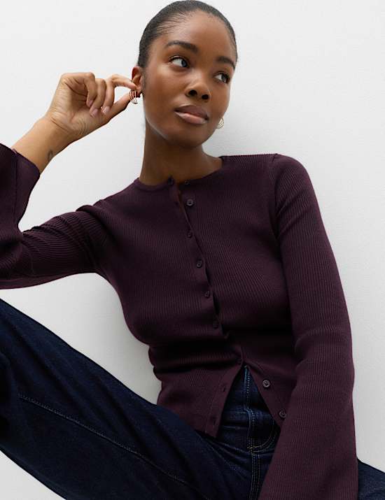 Ribbed Slim Fit Cropped Cardigan with Wool
