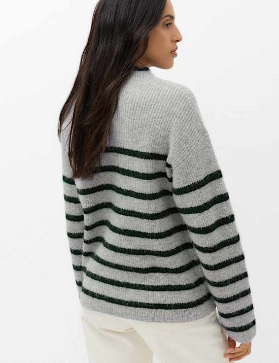 Striped Crew Neck Longline Jumper with Wool