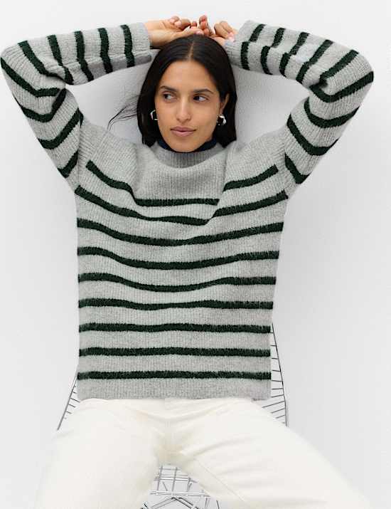 Striped Crew Neck Longline Jumper with Wool