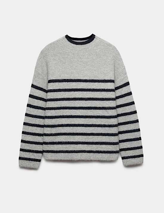 Striped Crew Neck Longline Jumper with Wool
