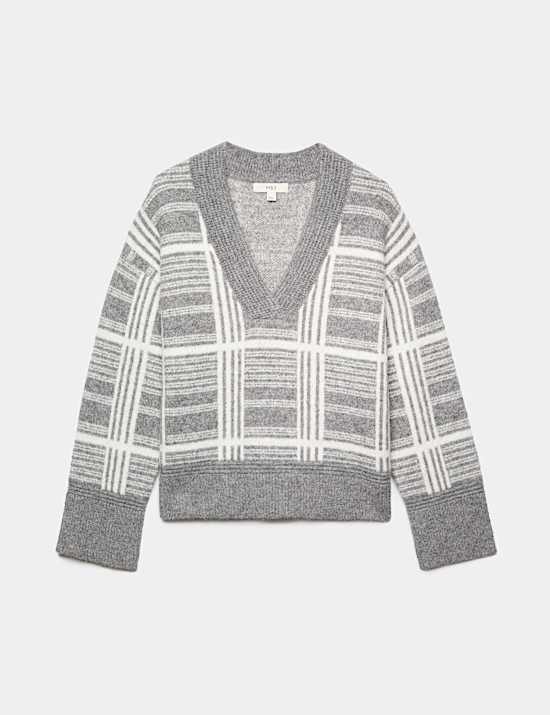 Checked V Neck Relaxed Jumper With Wool