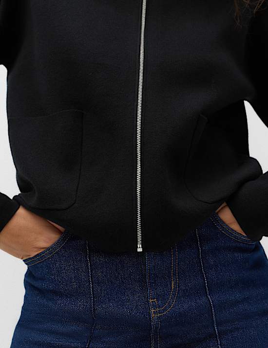 Rayon Rich Funnel Neck Zip Up Pocket Detail Knitted Jacket