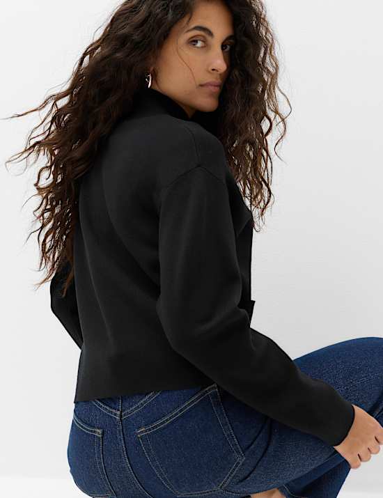 Rayon Rich Funnel Neck Zip Up Pocket Detail Knitted Jacket
