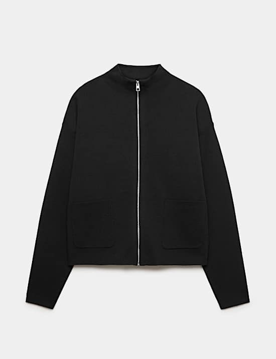 Rayon Rich Funnel Neck Zip Up Pocket Detail Knitted Jacket