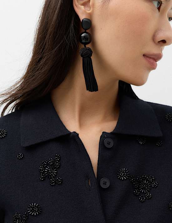 Embellished Collared Fitted Cardigan with Wool