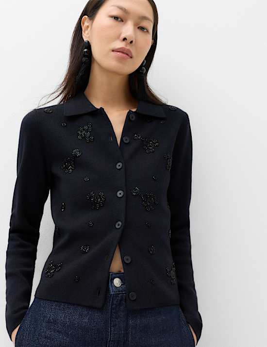 Embellished Collared Fitted Cardigan with Wool