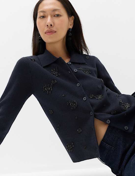 Embellished Collared Fitted Cardigan with Wool