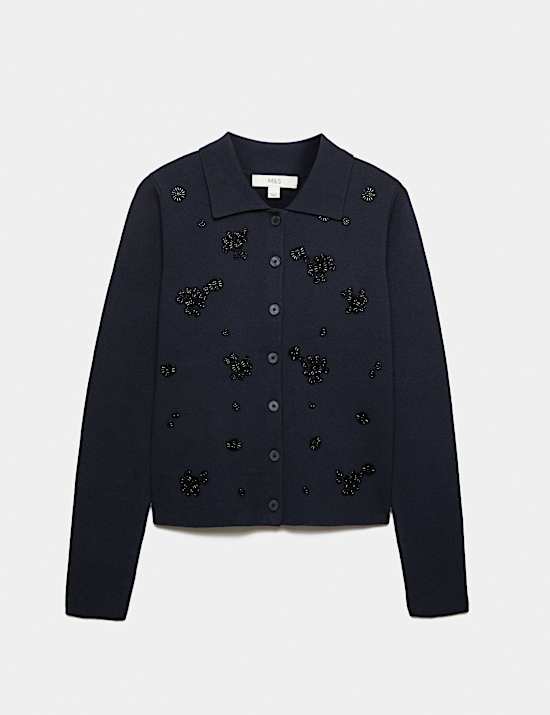 Embellished Collared Fitted Cardigan with Wool