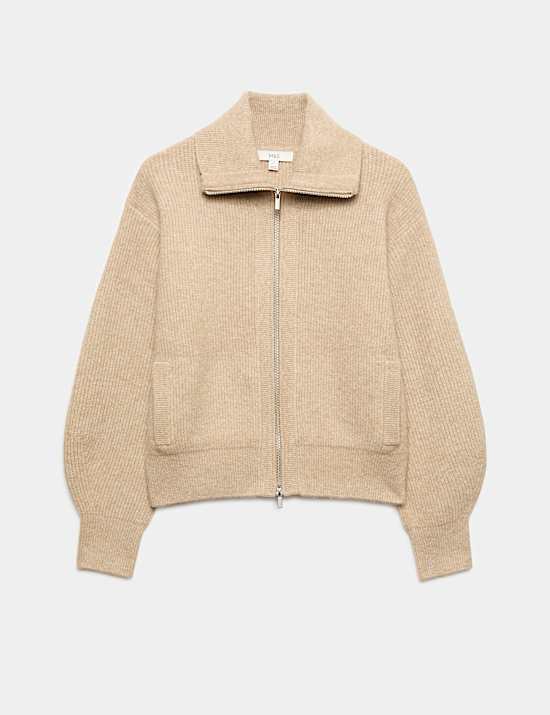 Textured Funnel Neck Relaxed Cardigan With Wool