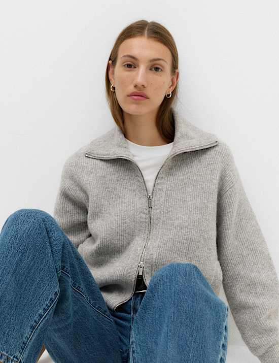 Textured Funnel Neck Relaxed Cardigan With Wool