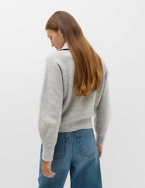 Textured Funnel Neck Relaxed Cardigan With Wool