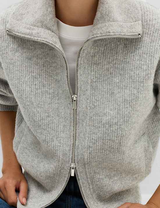 Textured Funnel Neck Relaxed Cardigan With Wool