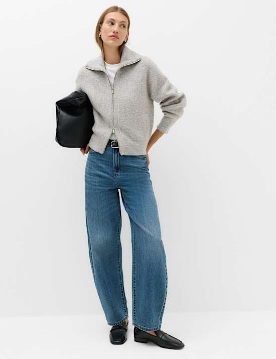 Textured Funnel Neck Relaxed Cardigan With Wool