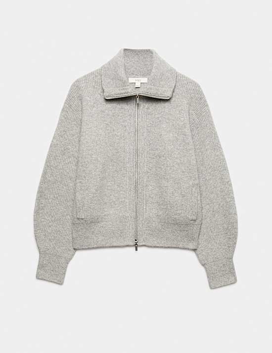 Textured Funnel Neck Relaxed Cardigan With Wool