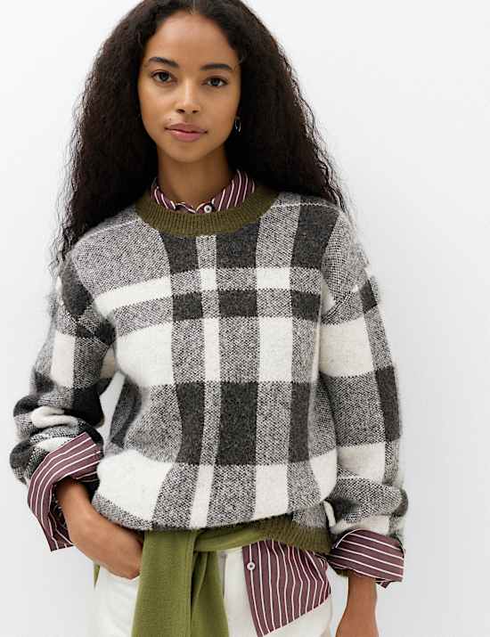 Checked Crew Neck Jumper with Wool